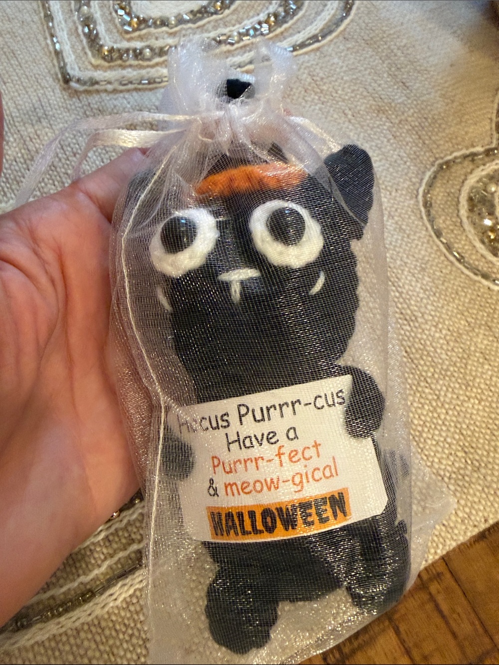 Black Halloween Kitty Plush with Orange Witch Hat - Picture 5 of 5